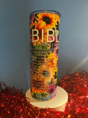 Bible, Emergency Numbers, Affirmations, Colorful Sunflowers 20oz Tumbler