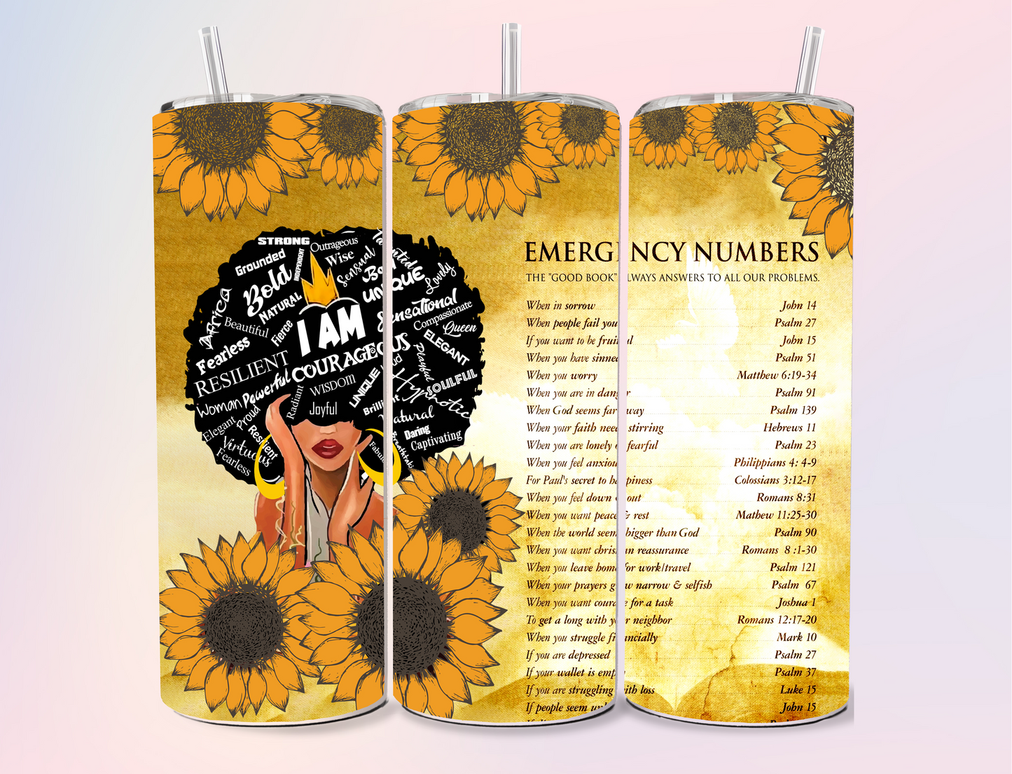 Bible, Emergency, Affirmation Girl, Sunflowers 20oz Tumbler